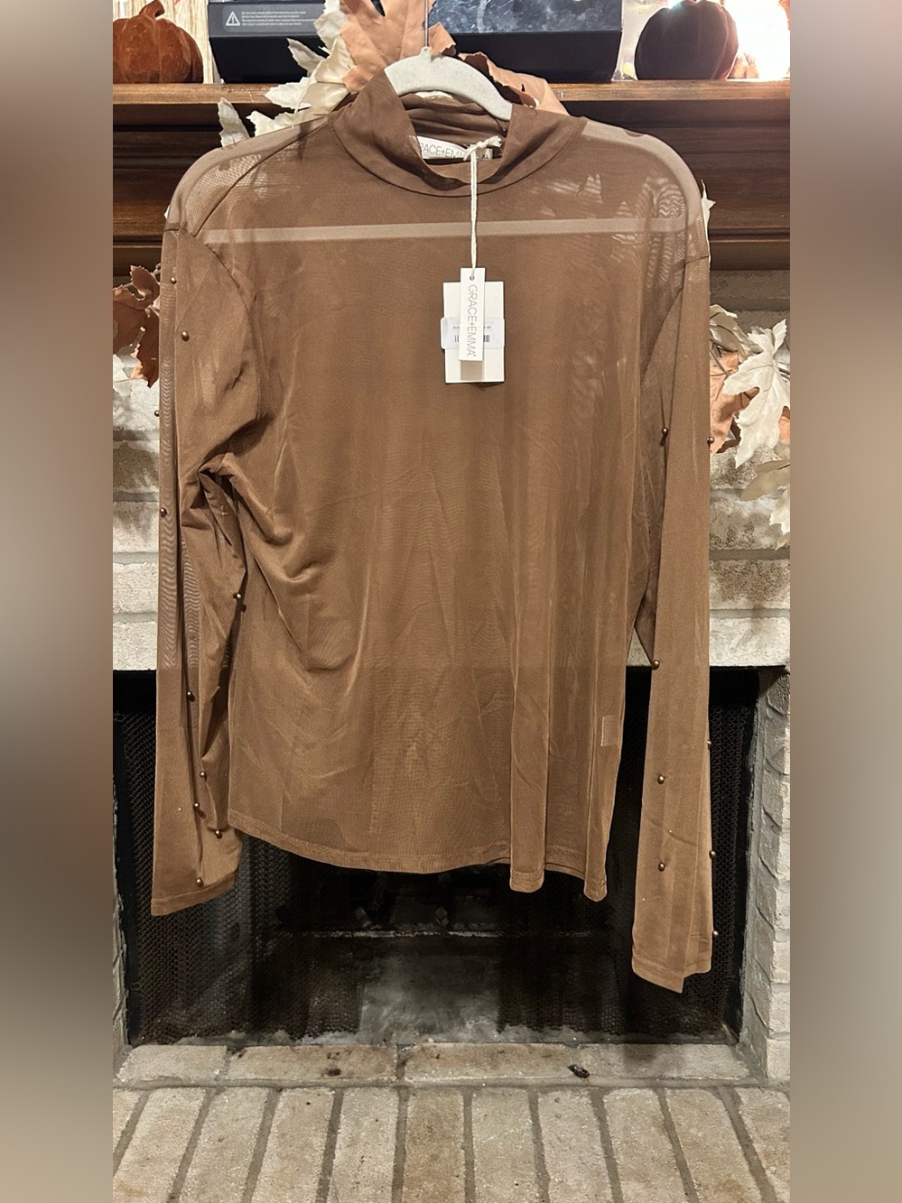 Sheer Brown Long-Sleeve Mesh Tee with Snap Detail EUC